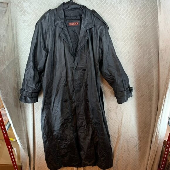 Phase 2 Mens M Long Trench Coat Black Leather Double Breasted Button Up Belted - Picture 1 of 16